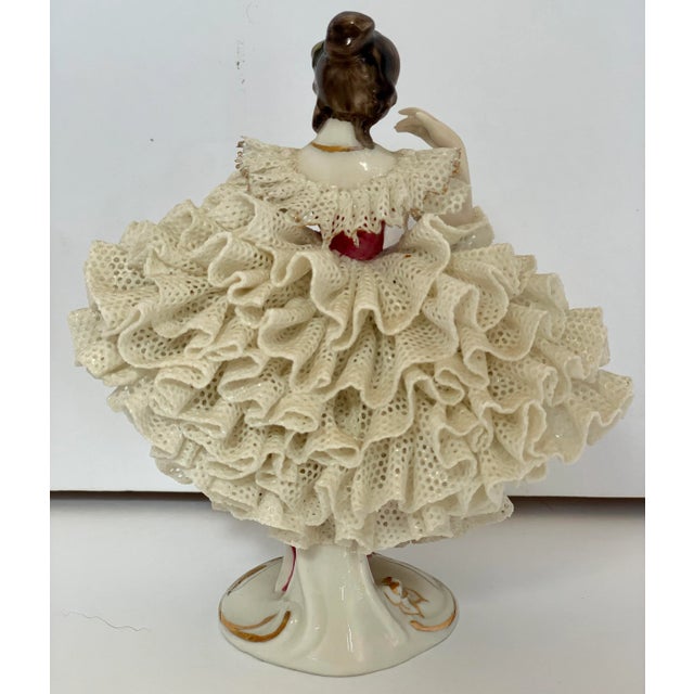1950s Vintage Dresden Rococo-Style Porcelain Figurine in a Lace Ball Gown, Circa 1955 by Germany’s Porzellanfabrik Al-Ka Kunst Alboth & Kaiser k.g. For Sale - Image 5 of 11