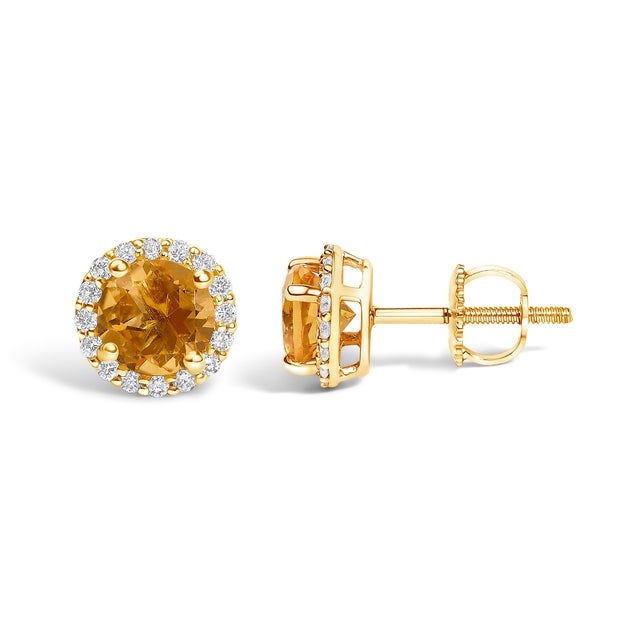Contemporary 10K Yellow Gold Orange Citrine and 1/6 Cttw Diamond Halo Stud Earrings ,A Pair For Sale - Image 3 of 5