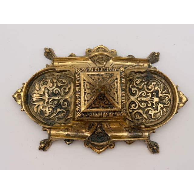 1940s Vintage Elaborate Brass Desk Inkwell Stand With Pen Trays For Sale - Image 5 of 9