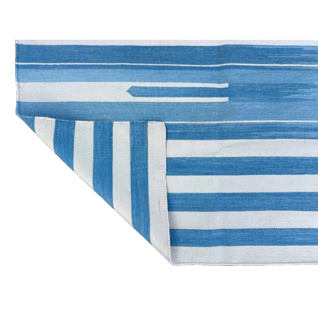 Casa Cosima Handmade Cotton Natural Vegetable Dyed Area Rug, Sky Blue and White Striped Dhurrie-8'x10' For Sale - Image 4 of 12