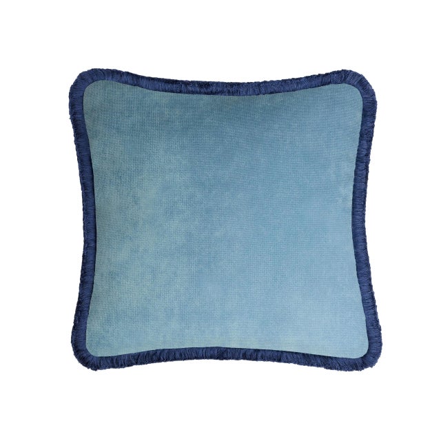 Contemporary Happy Cushion Cover in Velvet Light Blue with Blue Fringes For Sale - Image 3 of 3