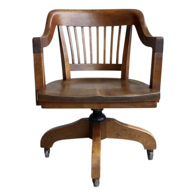 Early 20th-C. Bank of England Gunlocke Oak Tilting Rolling Banker’s Office Desk Chair For Sale