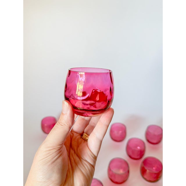 West Virginia Glass Specialty Co. Mid Century Optic Pink Cranberry Roly Poly Glasses, Set of 12 For Sale - Image 4 of 16