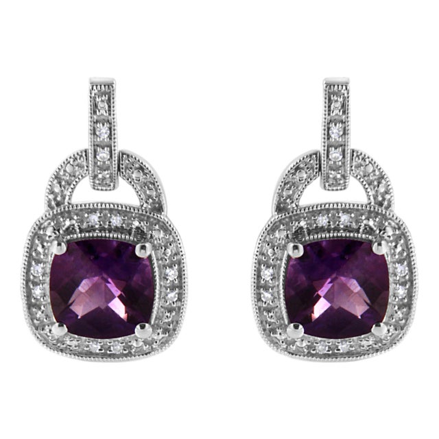 .925 Sterling Silver 8MM Natural Cushion Shaped Amethyst and Diamond Accent Halo with Push Back Dangle Earrings (I-J Color, I2-I3 Clarity) For Sale