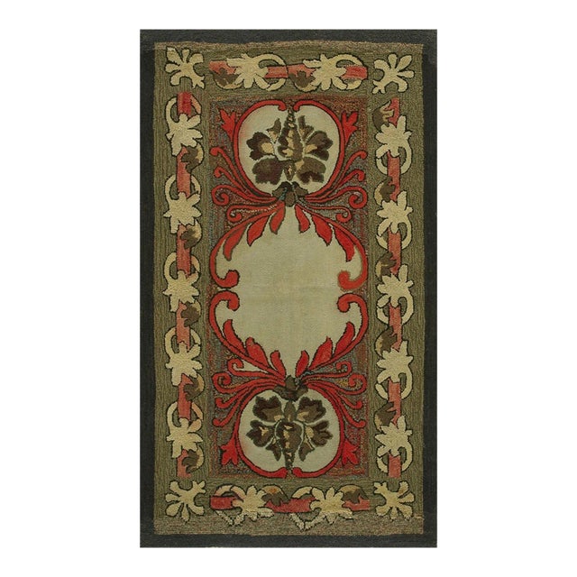 1930s Rare Antique Artistic Art Nouveau Design American Hooked Folk Art Rug For Sale