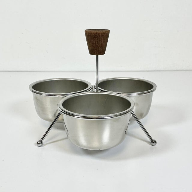 Mid-Century Modern Mid-Century Boho Chic Metal Condiment or Salad Dressing Serving Dishes With Caddy, 3 Wells. For Sale - Image 3 of 8