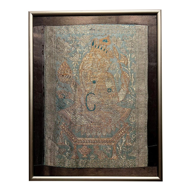 Vintage Ganesha Hindu Silk Tapestry – Framed Under Glass – 10” X 12” For Sale