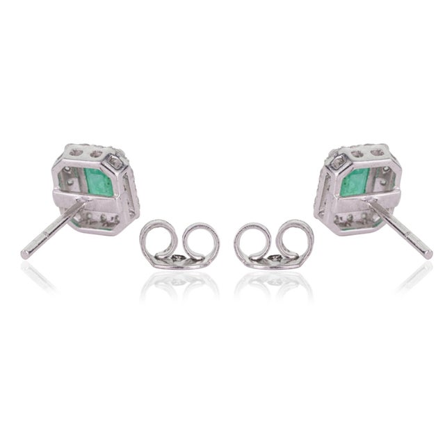 Metal Art Deco Octagon Cut Emerald & Diamond Halo Stud Earrings - 2 Pieces For Sale - Image 7 of 12
