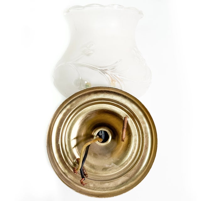 Mid-Century Modern Vintage 1960s Mid Century Brass Wall Sconce With Frosted Scalloped Floral Glass Shade Hardwired Wall Sconce Lamp For Sale - Image 3 of 3