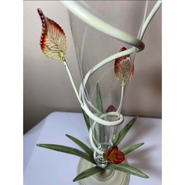 Mid Century Tall Tole Floral Vase Glass Insert Amberina Acrylic Rose Flowers For Sale - Image 9 of 11
