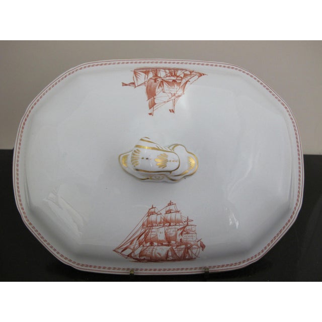 Traditional Spode Copeland Red Gold Trim Ship Trade Winds 11 1/8" Vegetable Tureen With Lid For Sale - Image 3 of 9