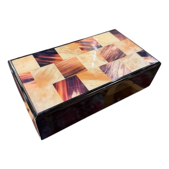 Vintage Italian Inlaid Horn and Wood Box With Hinged Lid For Sale
