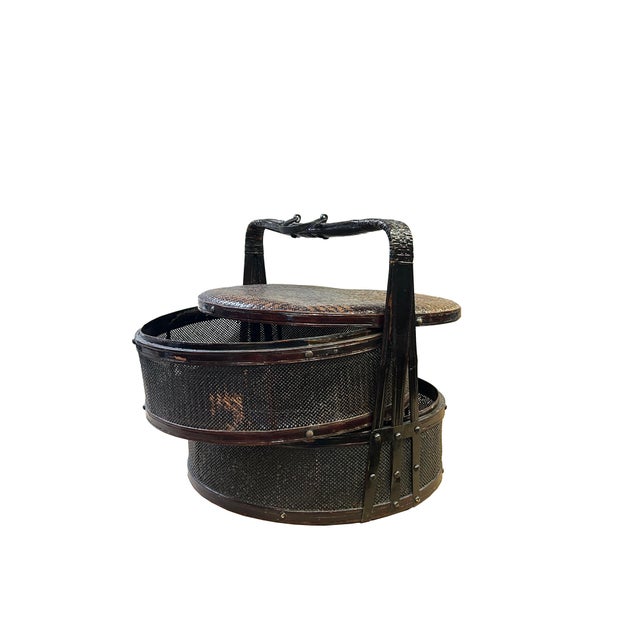 Asian Antique Large Vintage Oriental Handmade Brown Rattan Stack Basket With Handle For Sale - Image 3 of 5