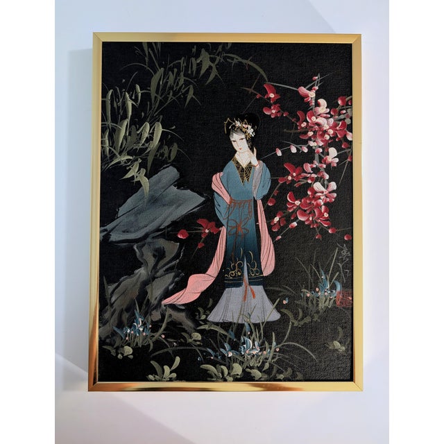 This is a vintage Chinese-style portrait of a classic beauty (Meiren hua / traditional figure painting) set against a dark...