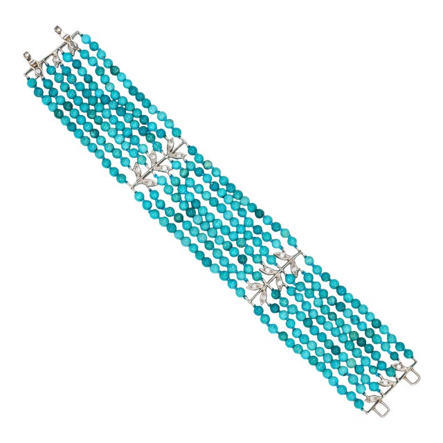 Cathy Waterman Turquoise Diamond Bracelet 7 Strand Platinum Estate 6.25" For Sale
