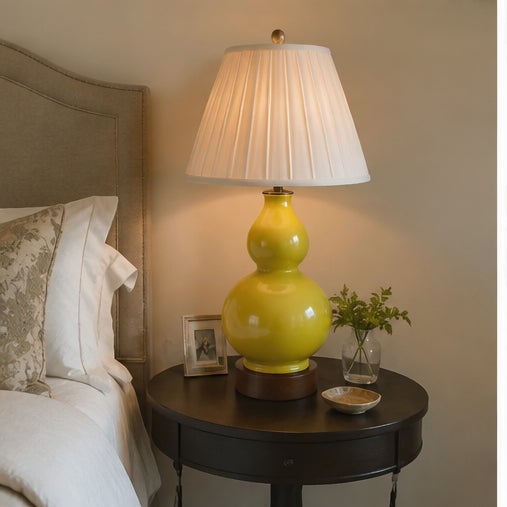 Chinese Monochrome Chartreuse Porcelain Double Gord Lamp With Wooden Base For Sale - Image 9 of 12