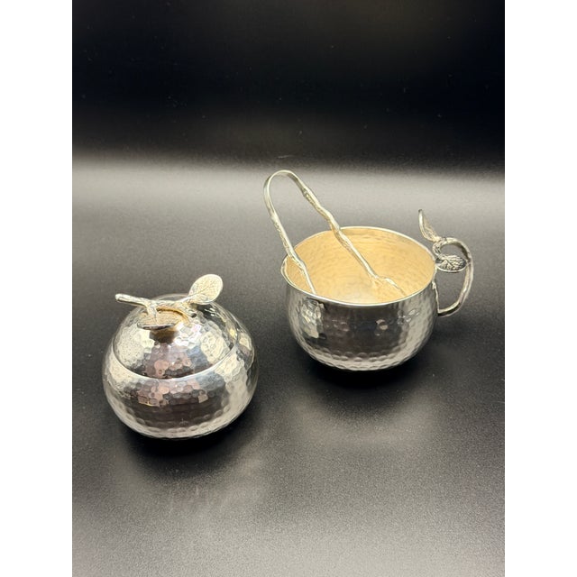 2000 - 2009 Michael Aram Hammered Silver-Plate Sugar Bowl, Tongs & Creamer – 3-Piece Set For Sale - Image 5 of 6