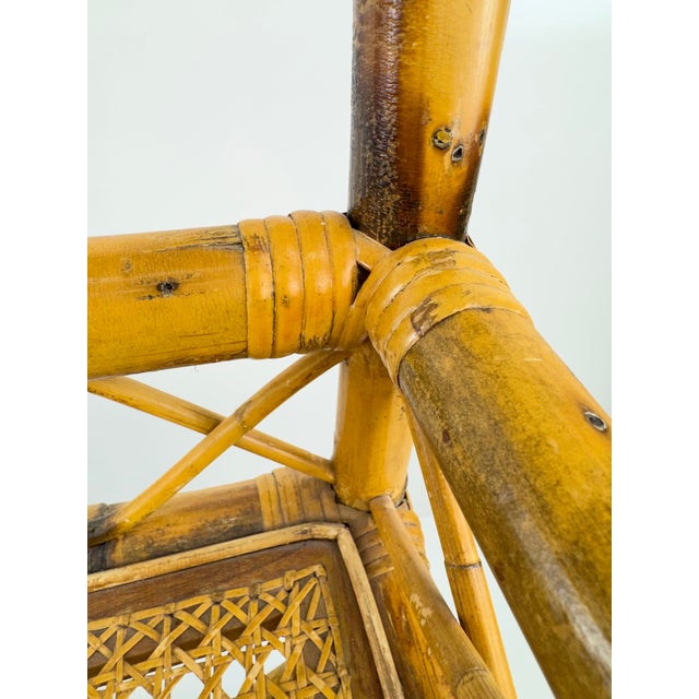 Vintage Bamboo and Cane Two-Tier Bar Cart With Brass Casters For Sale - Image 12 of 13