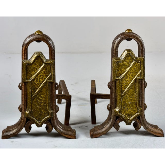 Arts & Crafts Large Arts & Crafts Hammered Iron and Brass Andirons - Pair For Sale - Image 3 of 10
