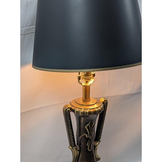 Brass Late 20th Century Large Neoclassical Style Brass & Faux Burlwood Table Lamp With Black Shade – 34"h For Sale - Image 8 of 18