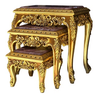 French Baroque Style Nesting Tables – Set of 3 Marble With Gold Leaf Details For Sale