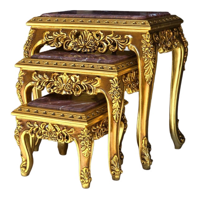 French Baroque Style Nesting Tables – Set of 3 Marble With Gold Leaf Details For Sale