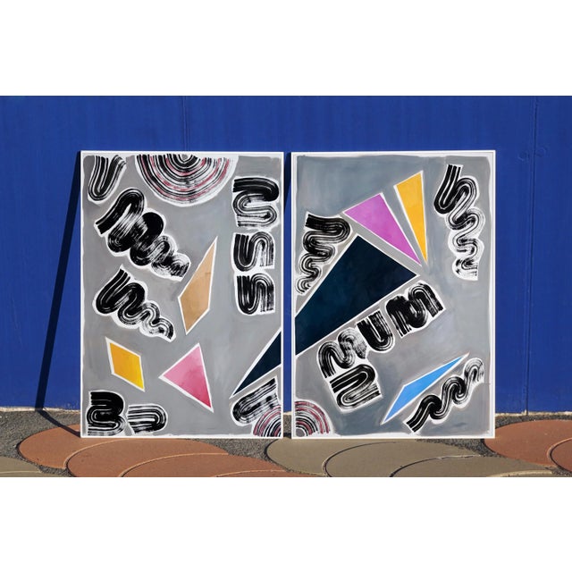 "Nineties Triangles and Swirls" is an abstract painting triptych by Spanish artist Natalia Roman. It is a beautiful...