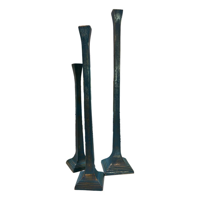 French Country Dusty Blue Patinated Metal Candlesticks With Antiqued Gold Highlight Set of 3 For Sale - Image 3 of 14