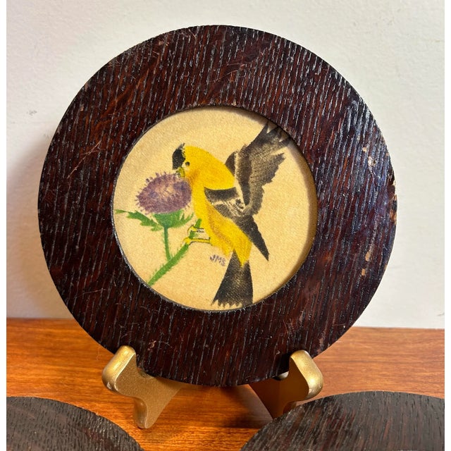 Antique Set of Three Small Theorum Paintings of Birds in Wood Frames For Sale - Image 10 of 11