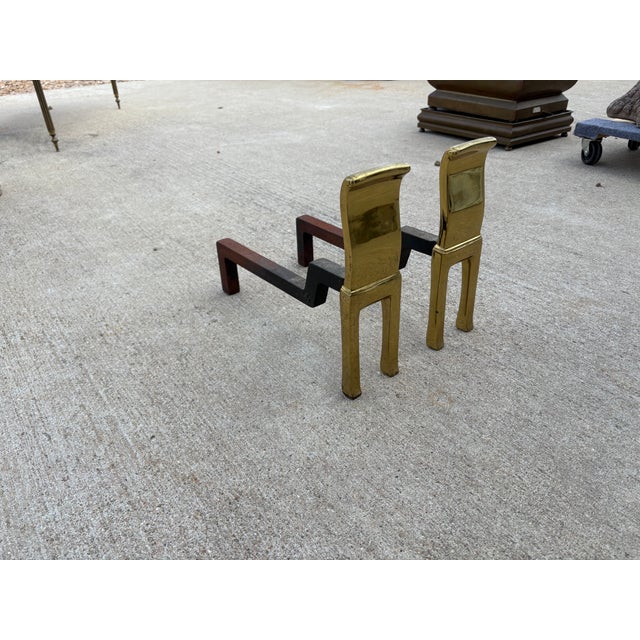 Mid-Century Modern 1960s Pair of Modernist Brass Andirons For Sale - Image 3 of 9