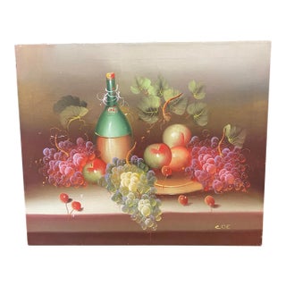 Vintage Still Life "Wine and Grapes" Painting on Canvas For Sale