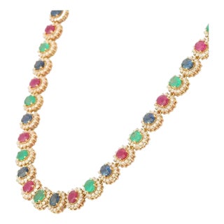 Certified Precious Gemstone Wedding Necklace With Diamonds in 18k Yellow Gold For Sale
