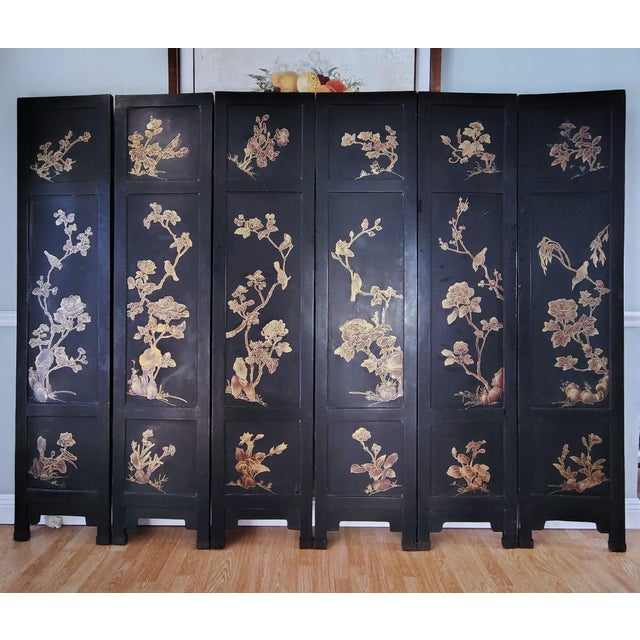 1900s Chinese Six-Panel Carved Hardstone Lacquered Coromandel Screen For Sale - Image 16 of 18