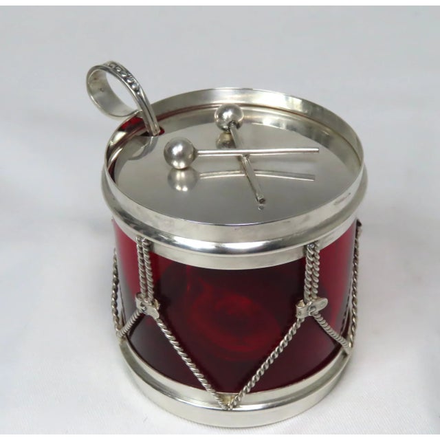 This is a Great Looking - Very Unusual Sterling Silver and Ruby Glass Marmalade - Jam Jar. Figurative Marching Drum...