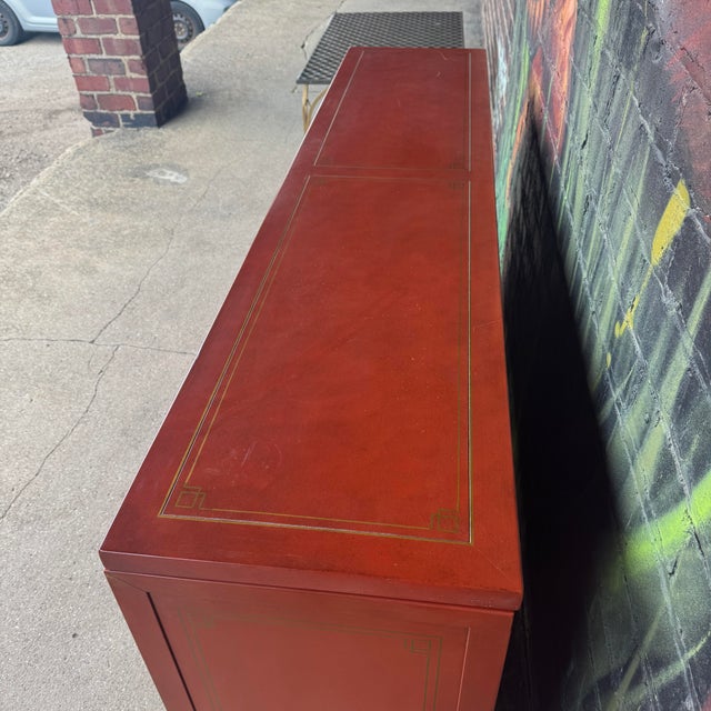 Baker Furniture Company Baker Chinoiserie Mid Century Red Lacquer Buffet For Sale - Image 4 of 12