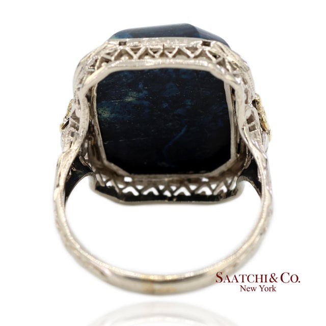 14k Two Tone Yellow and White Gold Blue Stone Ornate Floral Motif Ring, Size 5.25 For Sale - Image 4 of 13