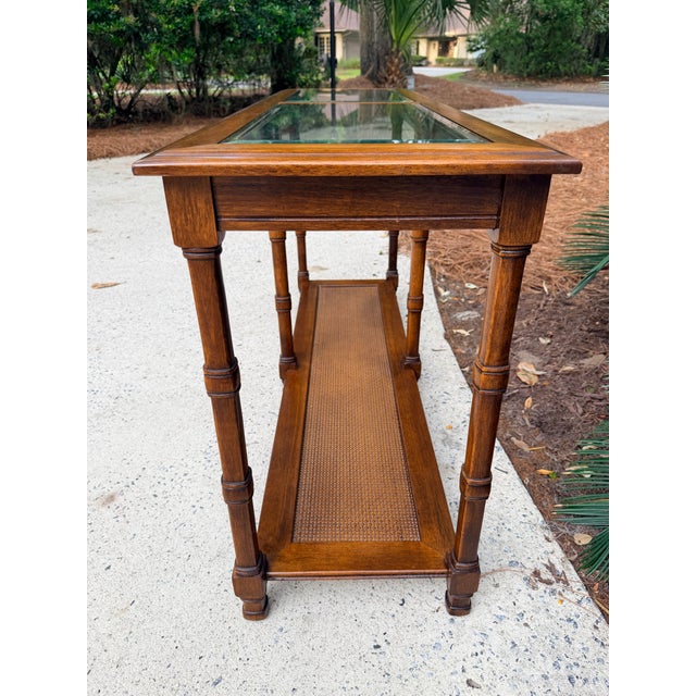 Wood 1970s Walnut Two Tier Glass Top Console Table With Faux Caning Shelf For Sale - Image 7 of 12