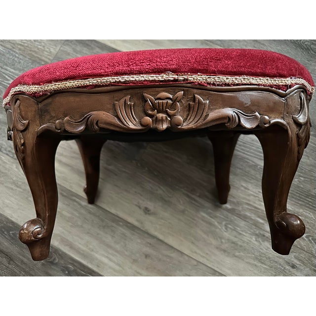 Vintage Mid 20th Century Louis XV Oval Shaped Wood and Red Velvet Upholstered Footstool For Sale - Image 10 of 11