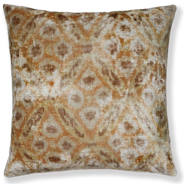 2020s Champagne Ikat Silk Velvet Throw Pillow 20x20 | Handmade Neutral Luxury Accent Pillow For Sale - Image 5 of 8