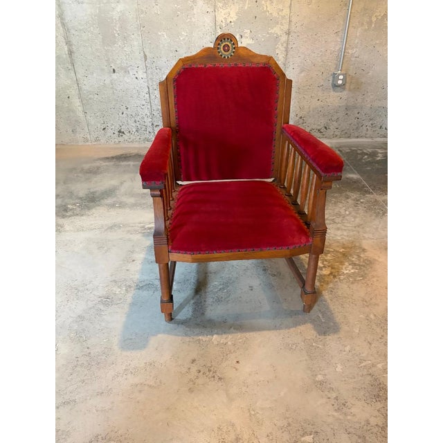 2 Antique Red Velvet and Wood Regal Living Room Chairs For Sale - Image 11 of 11