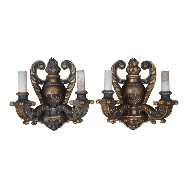 1910s Baroque Revival Neoclassical Carved Two Light Candelabra Wall Sconces - a Pair For Sale