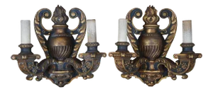 1910s Baroque Revival Neoclassical Carved Two Light Candelabra Wall Sconces - a Pair