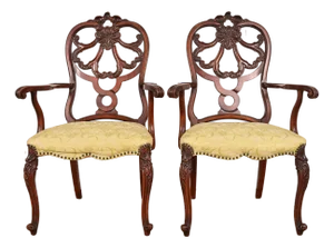 Romweber Antique French Provincial Louis XV Carved Walnut Armchairs, Pair
