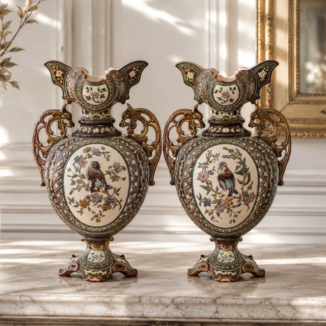 Baroque Austrian Majolica Vases with Birds by Gerbing & Stephan, 1885, Set of 2 For Sale - Image 3 of 13