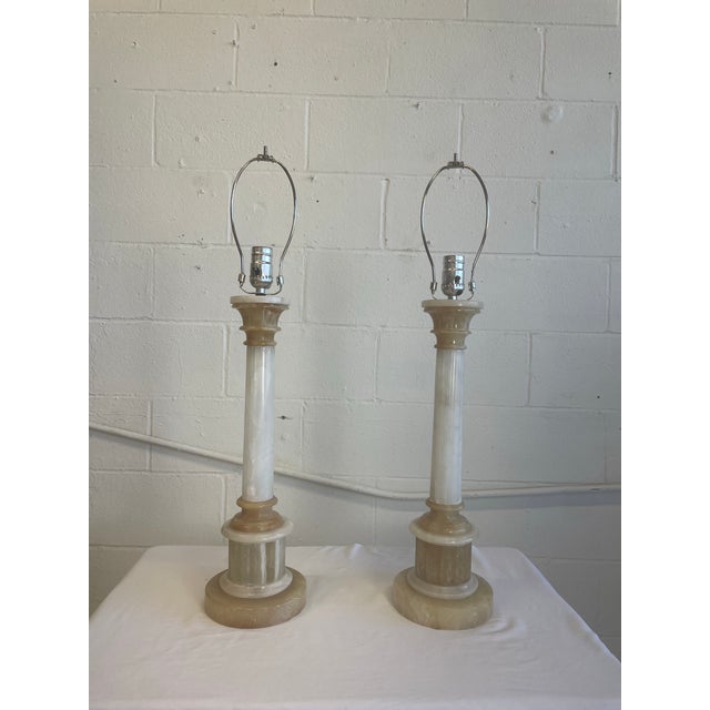 Mid 20th Century Italian Alabaster Column Lamps - a Pair For Sale - Image 10 of 11