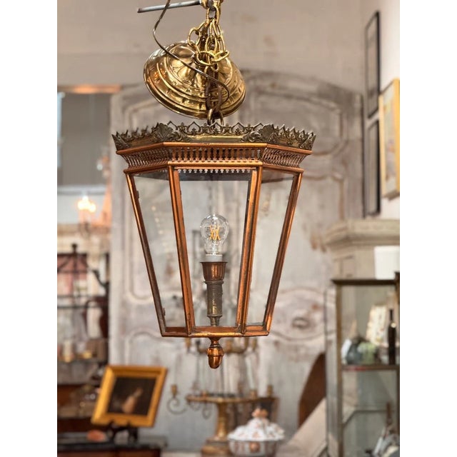 19th Century Italian Brass and Copper Wall Lantern With Beveled Glass Panels For Sale - Image 4 of 7