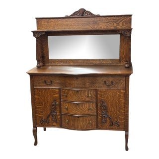 1900s Victorian Oak Quarter Saw Buffet With Mirror For Sale