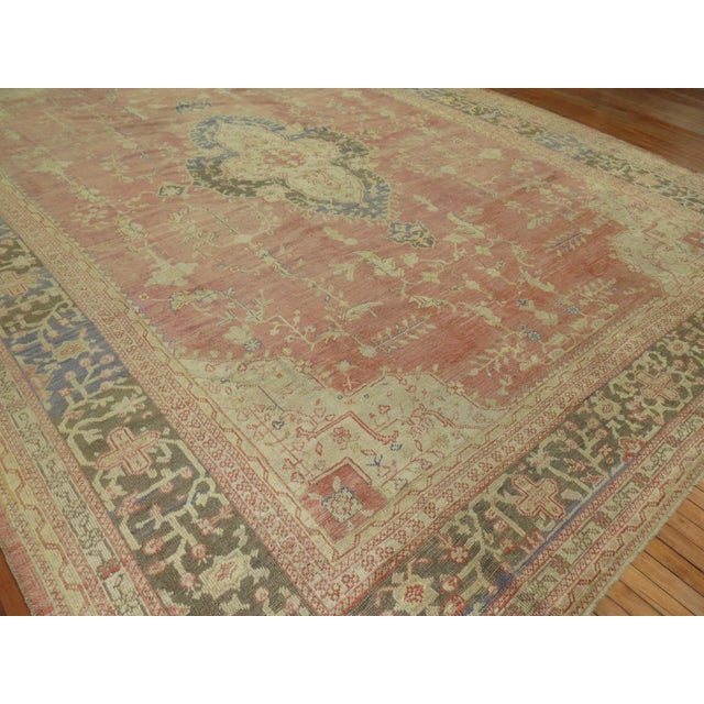 Soft Rose & PInk Turkish Oushak Rug mixed in with accents in gray, brown and soft blue, circa 1920