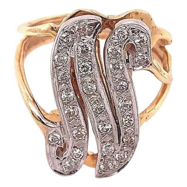 14 Karat Two-Tone Yellow and Gold Diamond Initial N Ring, Size 9.5 For Sale