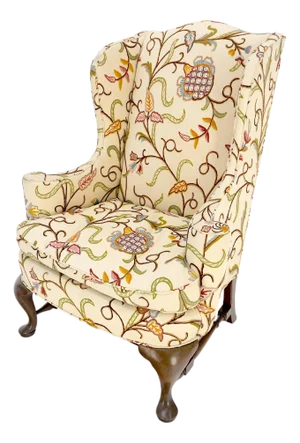 Hand Stitched Floral Pattern Wide Queen Ann Base Wind Lounge Club Chair 1940s
